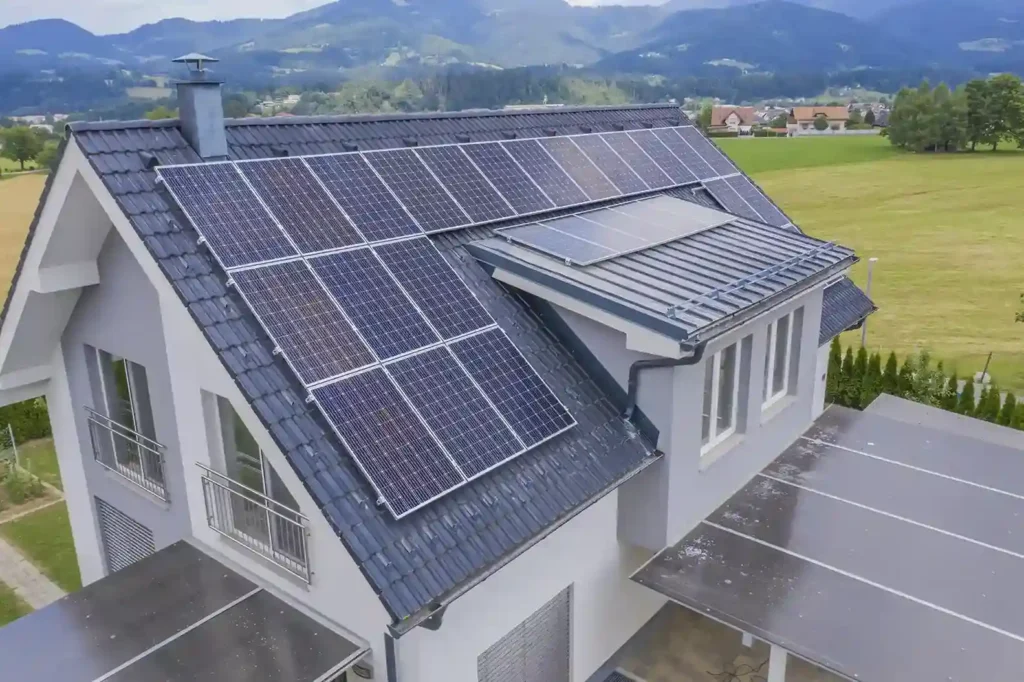 aerial view private house with solar panels roof 11zon